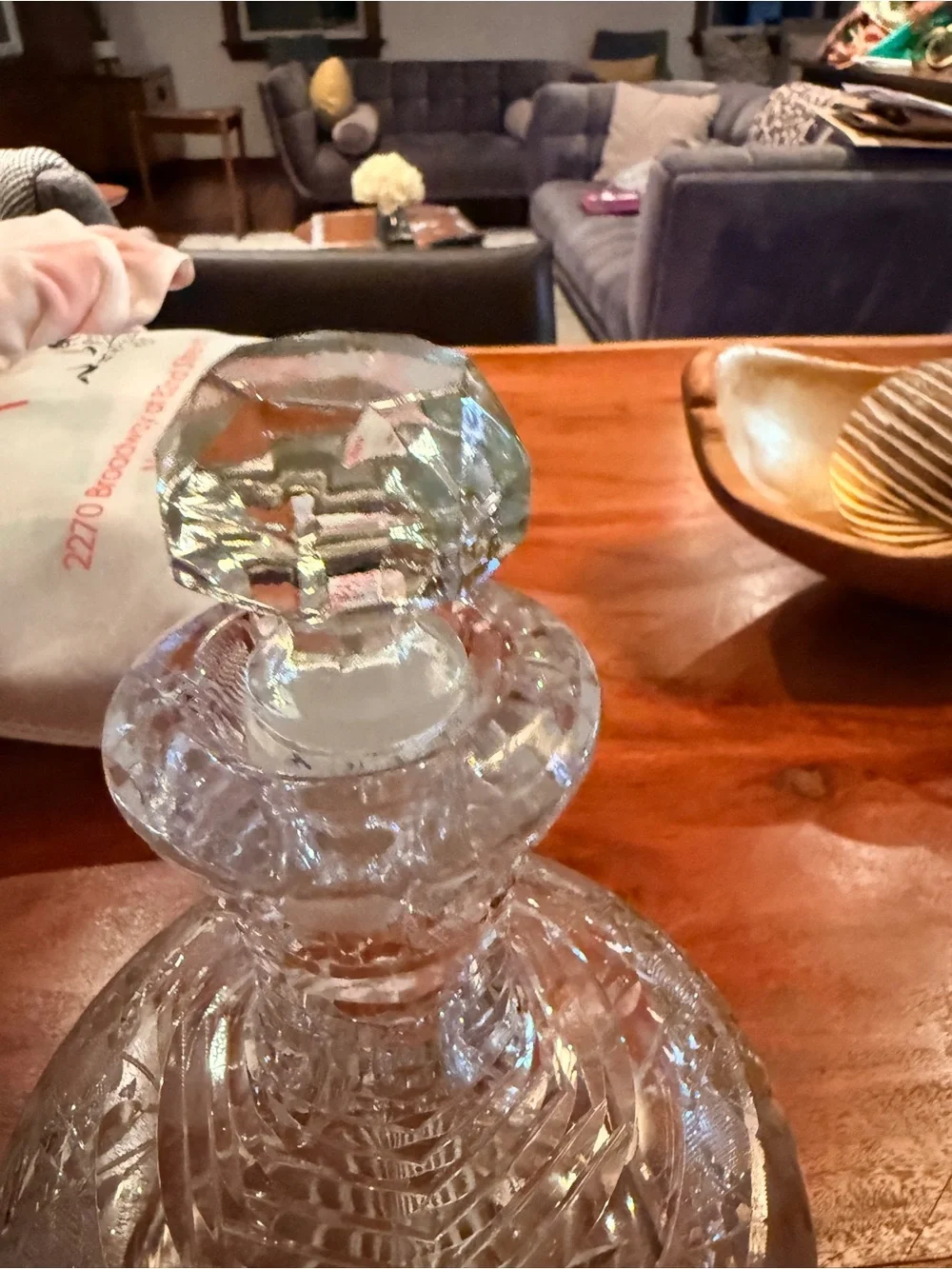 Vintage Cut Crystal Decanter w Faceted Stopper Floral Hobstar Starburst